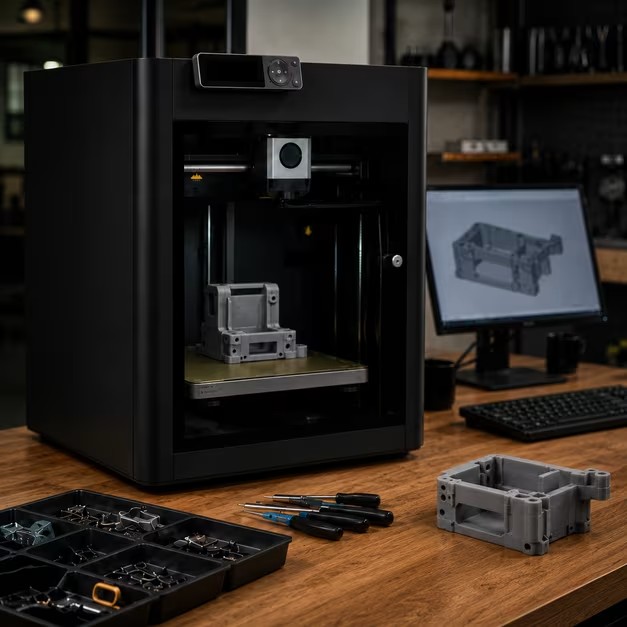 Industrial enclosed 3D printer with a complex part on the build plate; monitor shows the matching CAD model; tools and sample parts on the workbench — Fixtures
