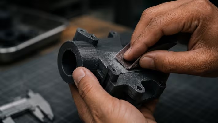 Hands finishing a 3D-printed component on a workbench with measuring tools